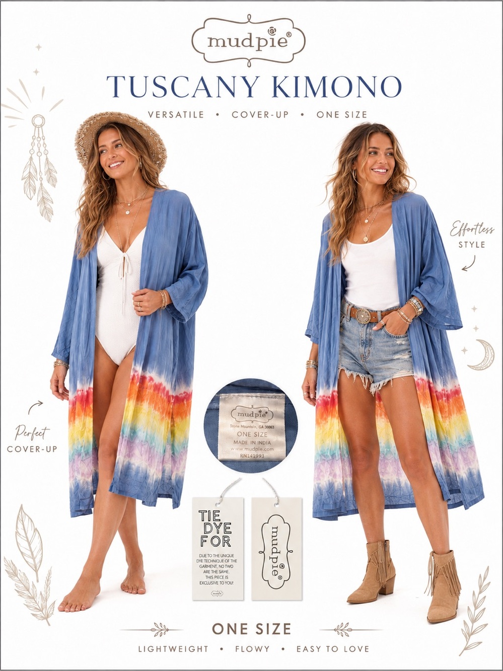 Mud Pie Soft Blue kimono Multicolor Tuscany Coverup NWT elastic cuffs